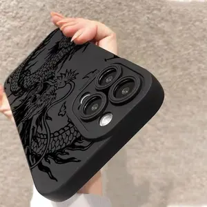 Dragon Pattern Phone Case, TPU All-inclusive & Drop-resistant Phone Protective Cover, Decorative Protector Compatible with iPhone 11 12 13 14 15 Pro Max 15 Plus Protection Black