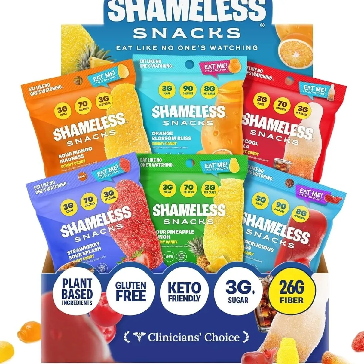 Shameless Snacks Candy Carnival - Sour Candy & Fruit Snacks, Gummy Candy Variety Pack, Strawberry Orange Mango Cola, Keto Snacks 3g Sugar Gluten Free for Kids & Adults