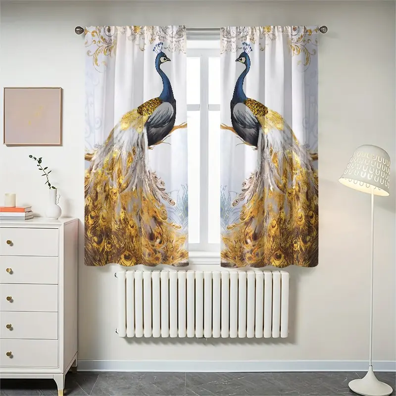 2 pieces high-definition blue-necked golden-tailed peacock printed curtains, Peacock Pattern Curtains, Curtain for windows, semi-transparent protection for privacy, resistant to fading, easy to clean, suitable for home decoration