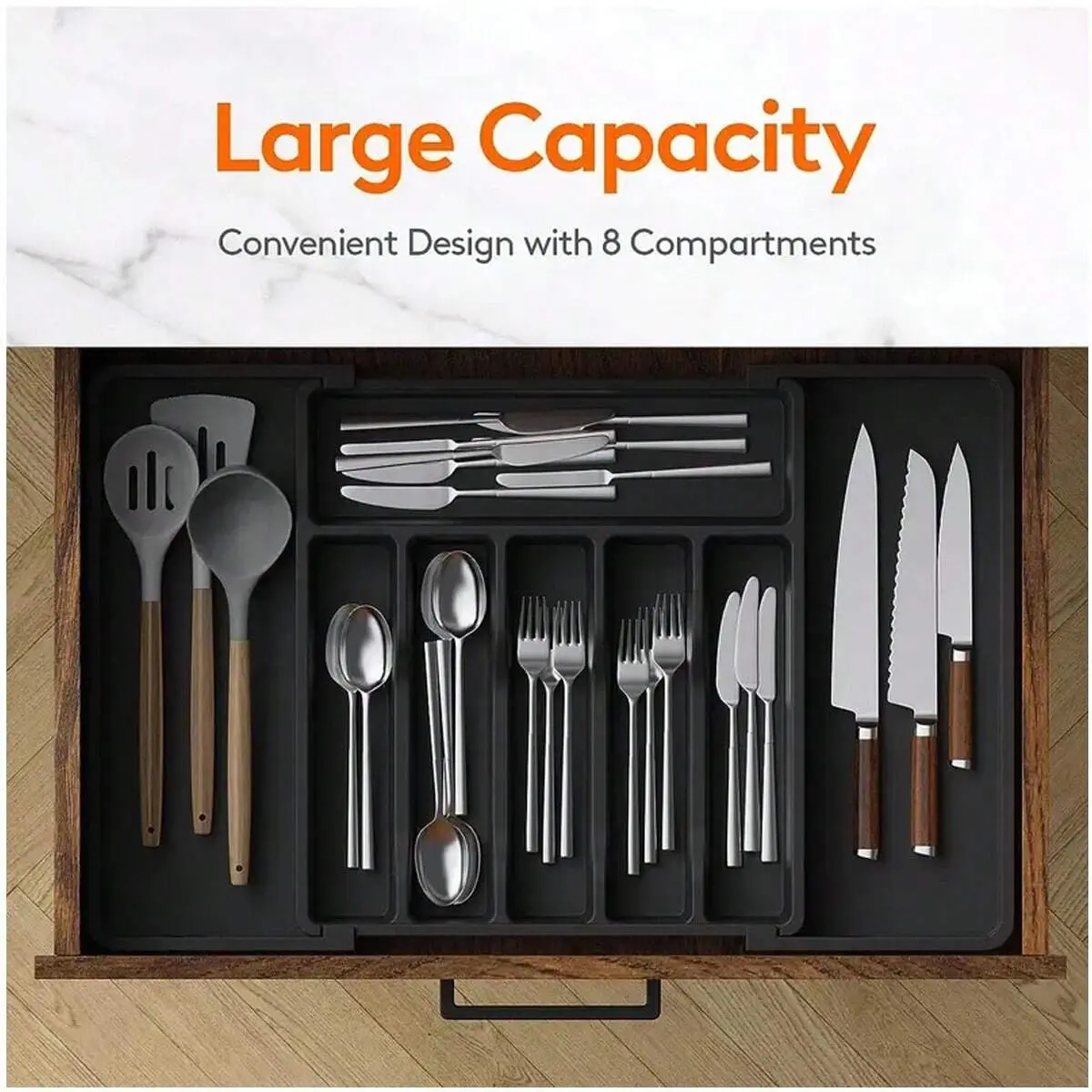 Silverware Drawer Organizer, Expandable Utensil Tray for Kitchen, BPA Free Flatware and Cutlery Holder, Adjustable Plastic Storage for Spoons Forks Knives, 8.5"-14.1" x 12.1", Black