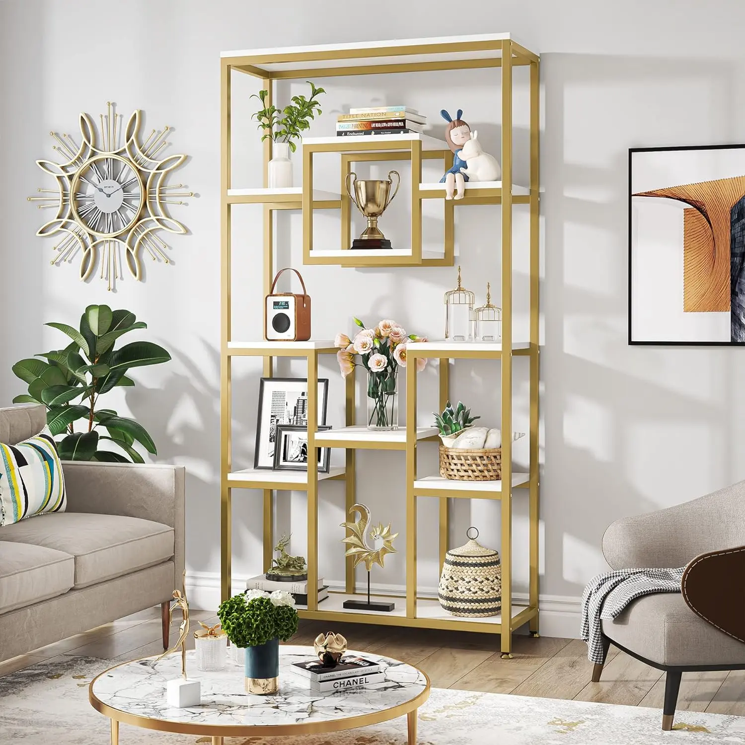 Tribesigns 71" Gold Etagere Bookshelf, Modern 11-Tier Tall, Free Standing Book Shelf with Ample Storage and Captivating Geometric Design, Gold & White Tribesigns 71" Gold Etagere Bookshelf, Modern 11-Tier Tall, Free Standing Book Shelf with Ample Storage and Captivating Geometric Design, Gold & White