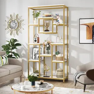 Tribesigns 71" Gold Etagere Bookshelf, Modern 11-Tier Tall, Free Standing Book Shelf with Ample Storage and Captivating Geometric Design, Gold & White