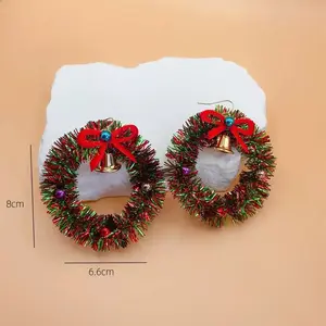 Christmas Wreath Earrings with Bell & Red Bow， Holiday Statement Earrings