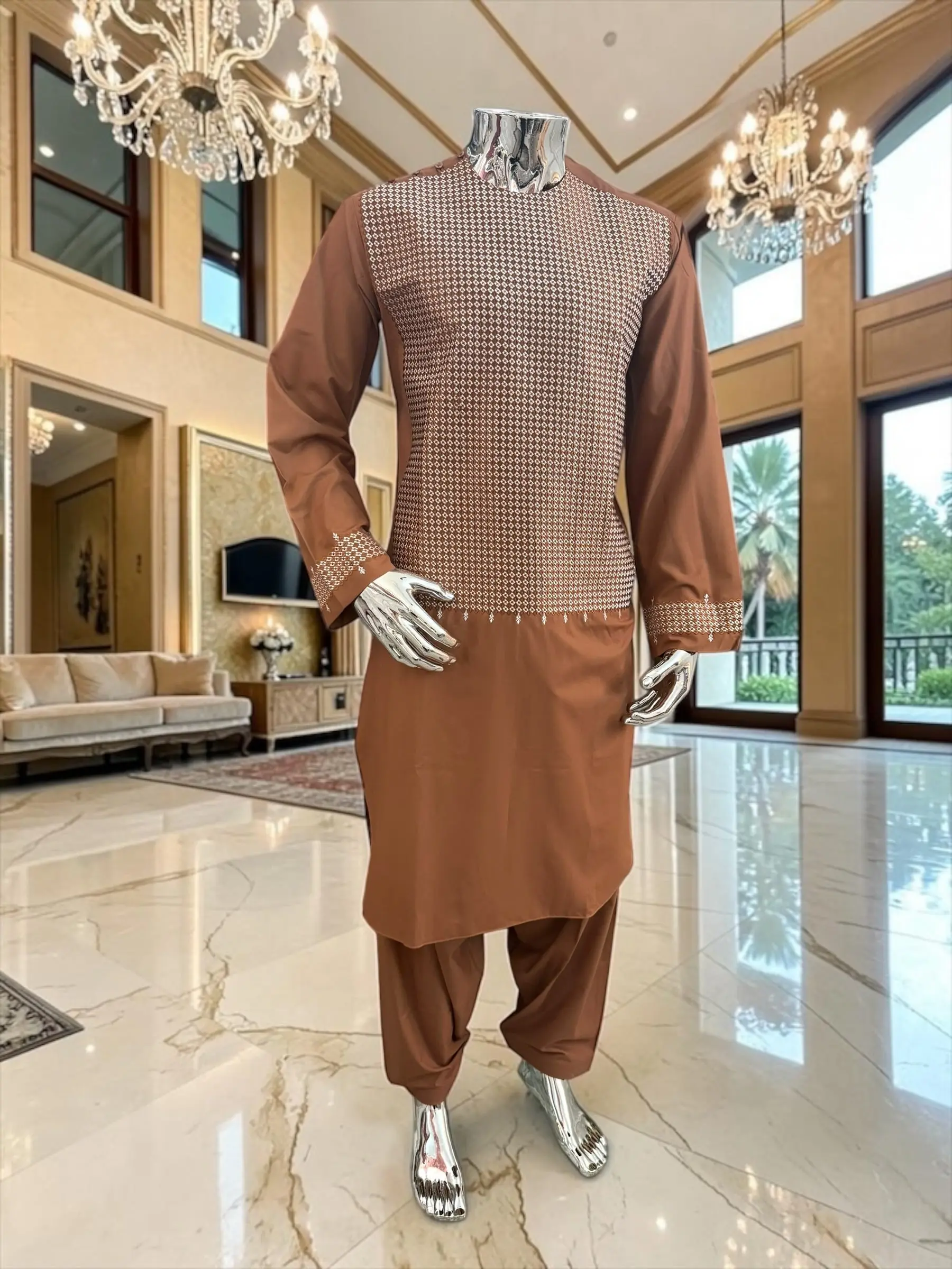 Medium Afghan Parahan Tunban Kameese Shalwar Brown Machine Embroidery