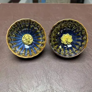 Carved Dragon & Phoenix Pair Cups Dark Blue Glaze with Gold Accents and Intricate Design for Elegant Dining