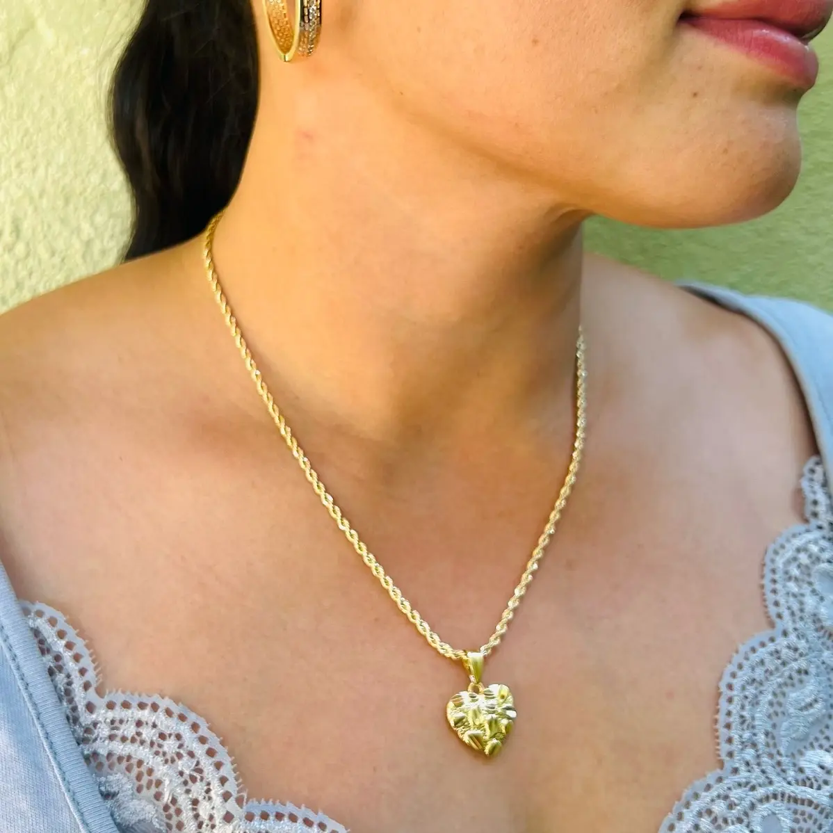 Gold plated Rope Chain with Nugget heart 14K Gold Plated