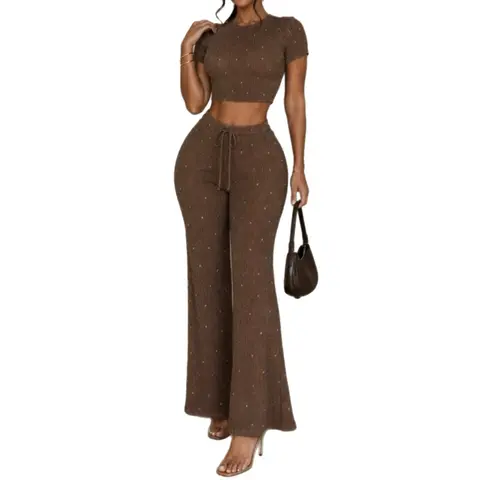 Resortwear Women’s Rhinestone Two-Piece Set – Short Sleeve Crop Top & High-Waisted Wide-Leg Pants