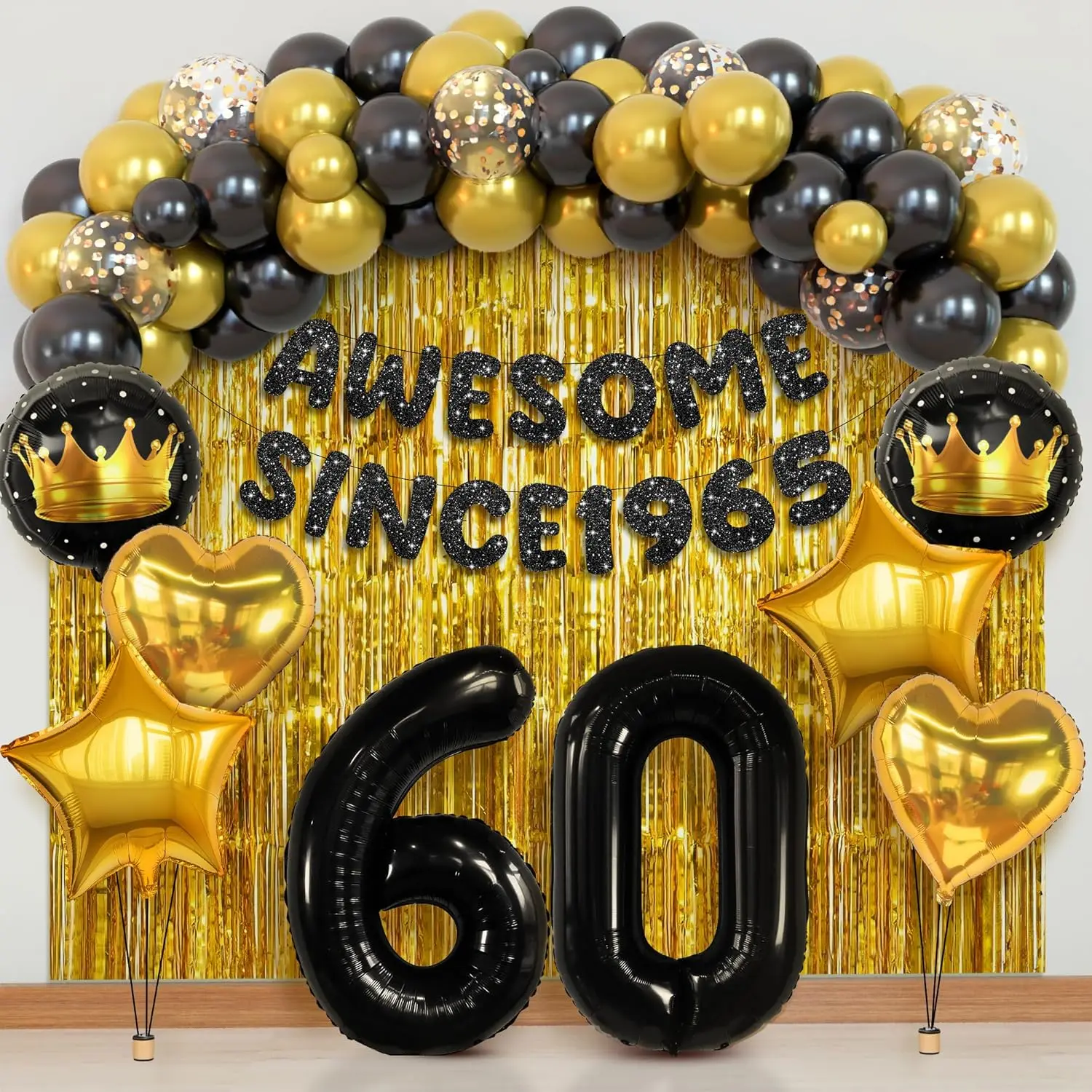 Happy 60th Birthday Decorations 50PCS Set with Banner, Balloons, Foil Stars & Fringe for Parties