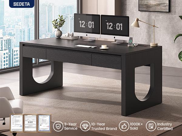 SEDETA 55 Inch Modern Office Desk with 3 Drawers Executive Desk with U-Shaped Legs Wood Computer Desk with Power Outlet Home Office Desks with Relief Texture