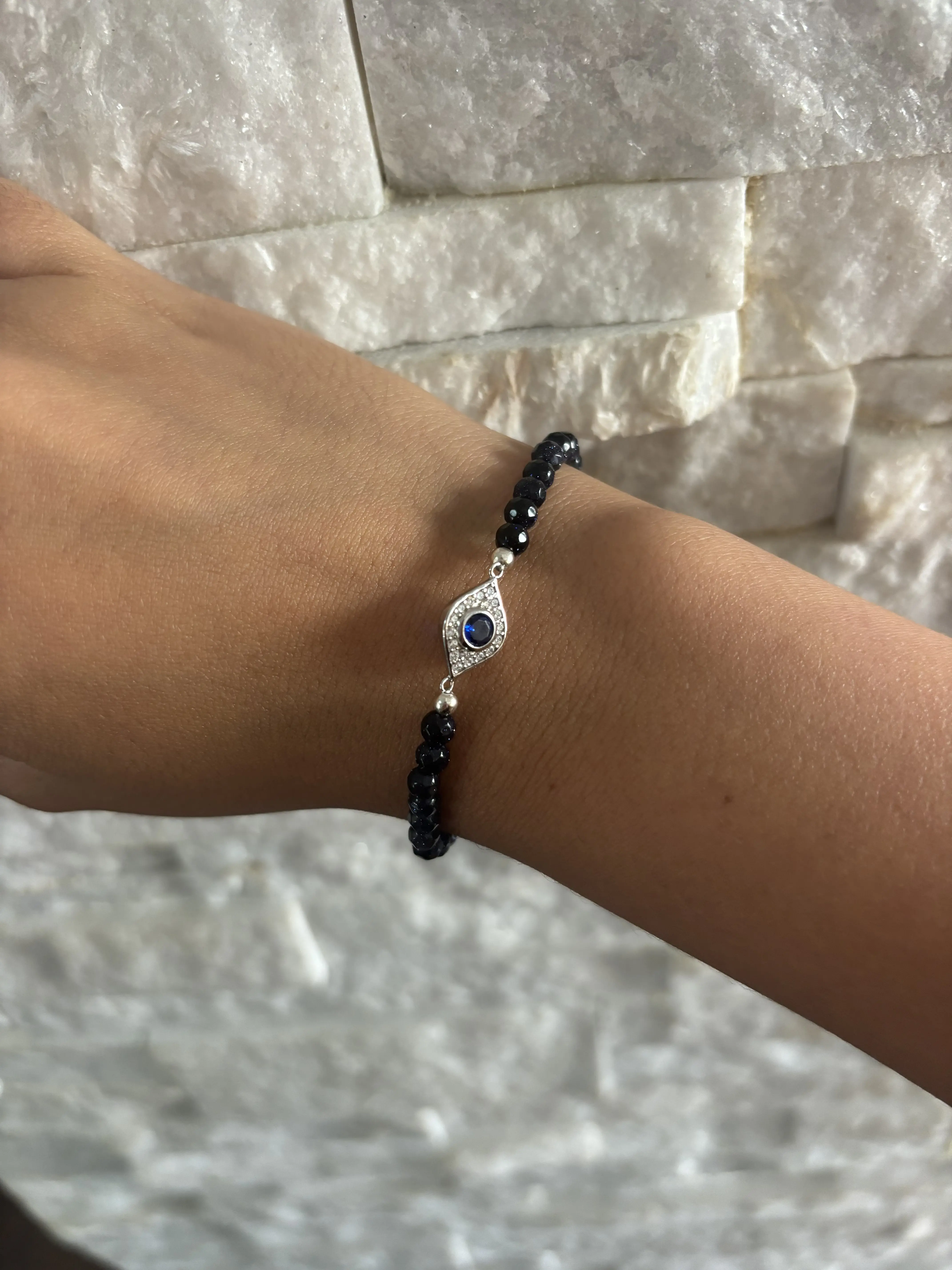 Protect Your Peace Sapphire Blue Beaded Bracelet with CZ Evil Eye