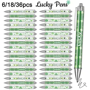 6/18/36 Pack Lucky Ballpoint Pens, Lucky Clover Design, Smooth Writing Black Ink, Good Luck Gift for Exams, Office & Daily Use. St. Patrick Day Gifts, Ballpoint Pen Set