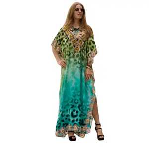 Plus Size Mumu Dresses for Women - Boho Batwing Sleeve Caftan with Side Slits, Long Moo Moo Nightgown & Beach Cover Up - Green Leopard
