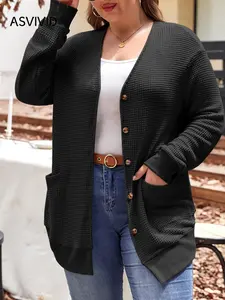【Plus Size】 Solid Color Pocket Button Front Cardigan, Casual Long Sleeve Knitwear for Spring & Fall, Women's Plus Clothing for Daily Wear
