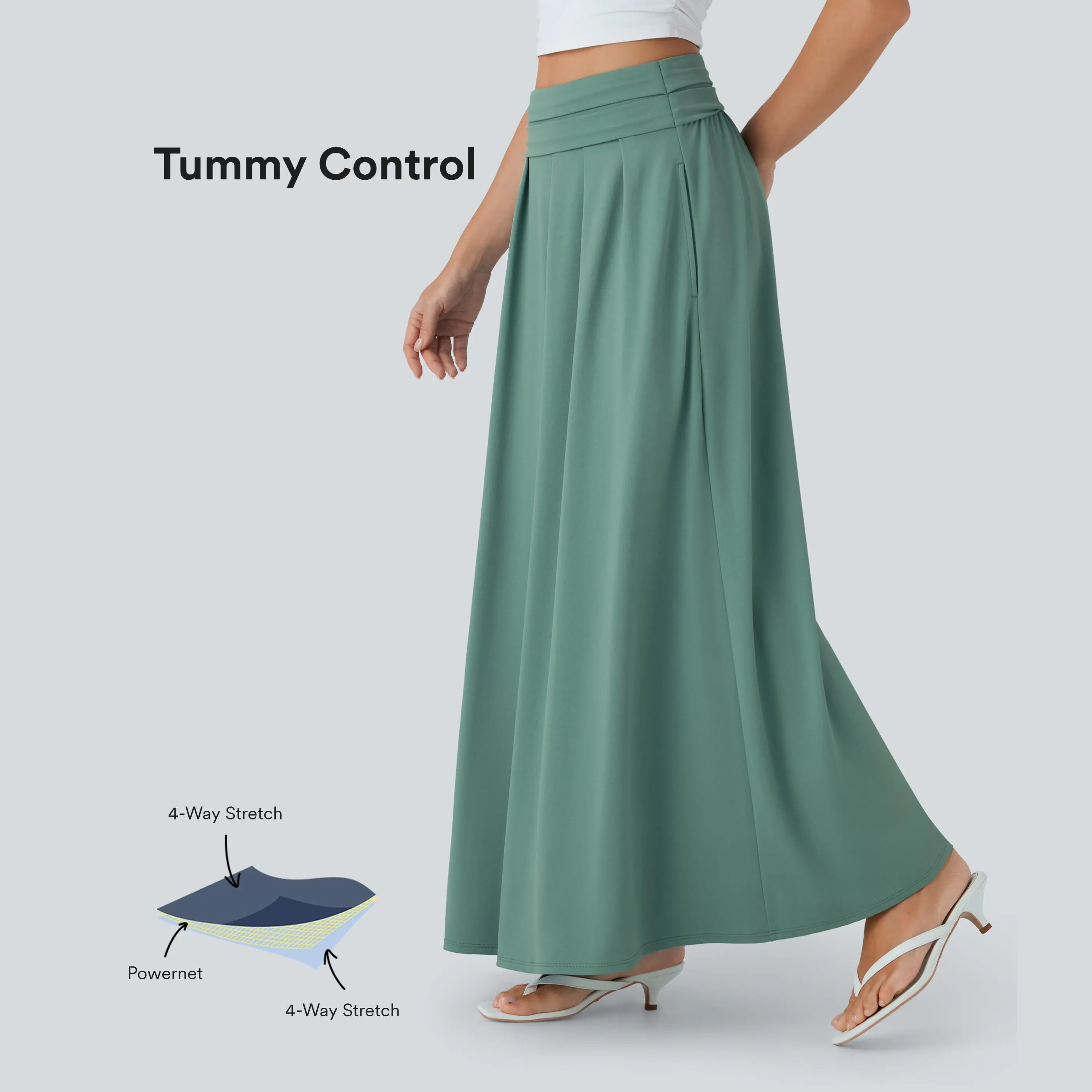 High Waisted Tummy Control Flare Maxi Casual Skirt with Pockets