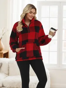 Autumn Winter Fashion Plaid Fleece Thickened Warm Half Zip Stand Collar Hoodie, Casual Unique Large Pocket Loose Long Sleeve Pullover