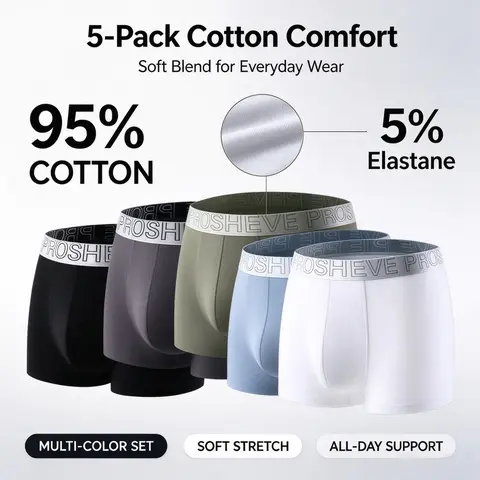 PROSHEVE Men's 5pcs Cotton Boxers Briefs - Chic Buttery Soft Plain, No-Roll Letter Band Waistband, Anti-Ride-Up, Flat-Lock Leg Fit, Breathable Moisture-Wicking, Cold Wash Friendly, All-Day Cool Underwear for Sports, Casual Use, Gifting to Boyfriend