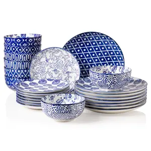 Sweejar Plates and Bowls Set for 4, 12 Pieces Handmade Ceramic Dinnerware Sets, Highly Scratch Resistant Dishes Set for Kitchen, Porcelain Dishwasher & Microwave Safe Dishes Set (Vintage Blue)