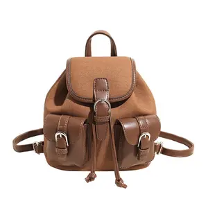 Retro Preppy Style Canvas & Leather Patchwork Backpack Women's Mini Backpack Student School Bag Casual Travel Bag