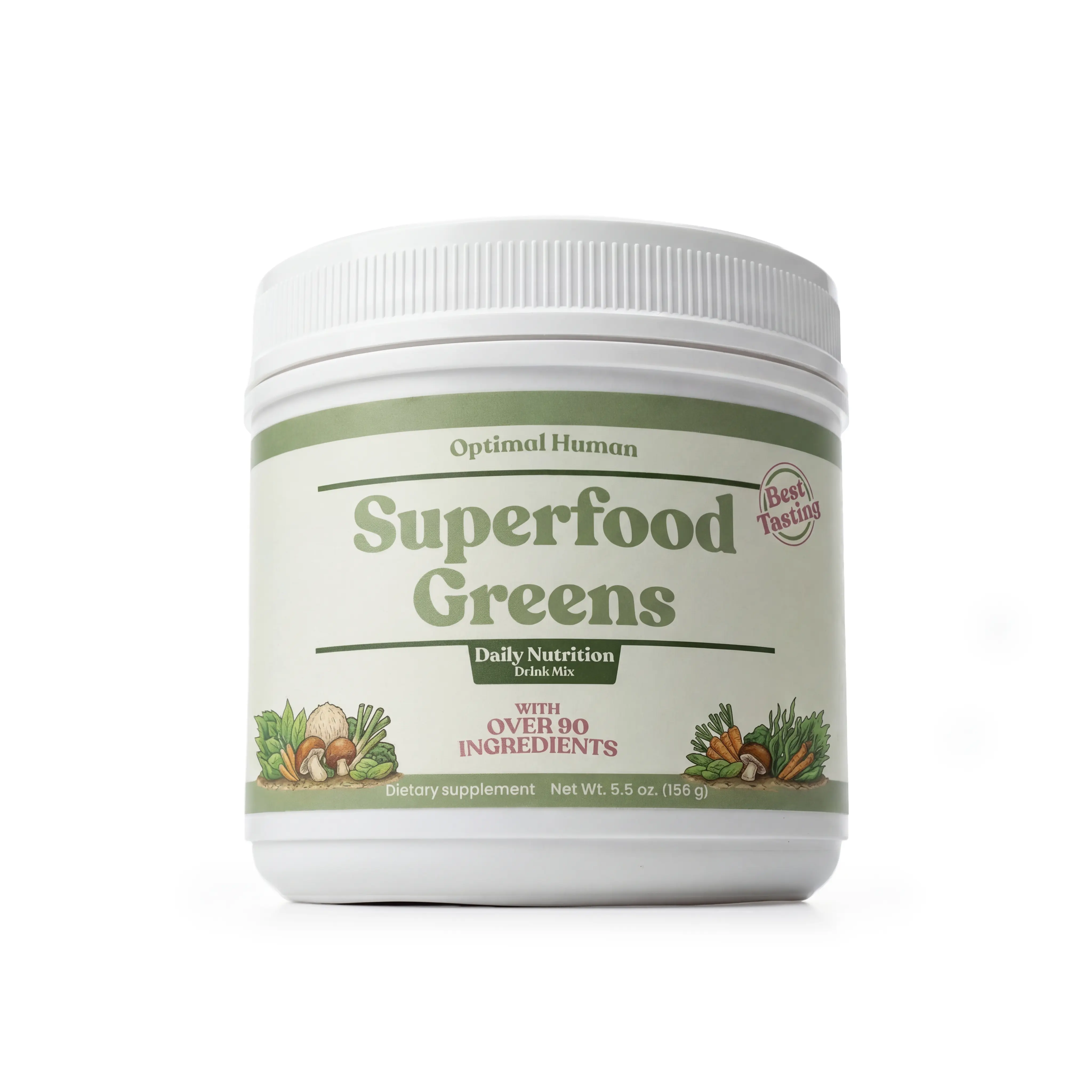 Optimal Human Superfood Greens Powder - 30 Servings with Ashwagandha, Lion's Mane, Cordyceps, Spirulina & Chlorophyll - 10 Billion CFU Probiotic & Digestive Enzymes - Natural Health Supplement for Adults - Edible Gut Capsules Fermented Beet Maca Root