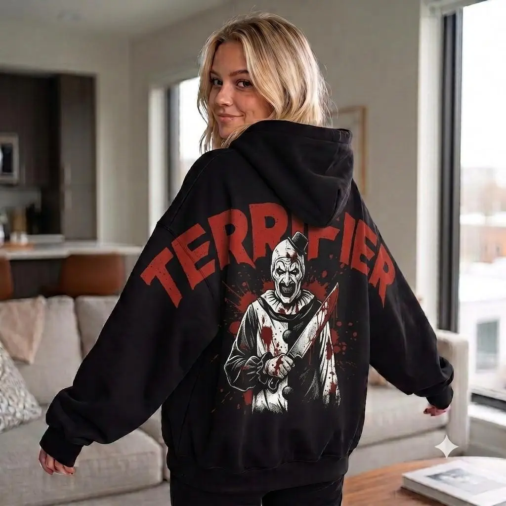 Art The Clown Pullover Sweatshirt Womens Horror Movie Hoodie, Terrifier Halloween Funny Scary Clown Graphic, Horror Fan Gift Unisex Crewneck