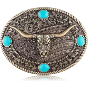 Western Belt Buckles for Men, Vintage Cow Bull Native American Flag Cowboy Belt Buckle with Turquoise