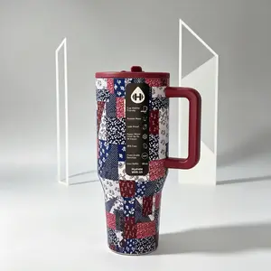 Red Blue Vintage Patchwork 40oz Vacuum Insulated Tumbler, BPA Free Straw Travel Cup, Portable Thermal Water Mug with Handle for Outdoor & Everyday Life