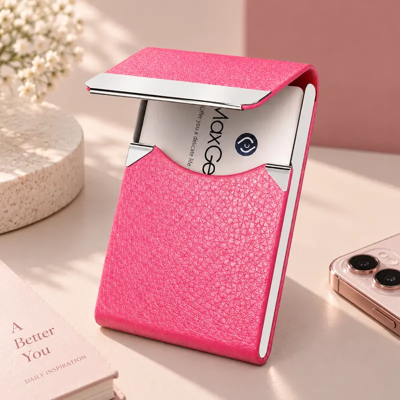 MaxGear Business Card Holder, Slim PU Leather & Stainless Steel Office Accessories, RFID Blocking Name Card Case with Magnetic Closure for Men