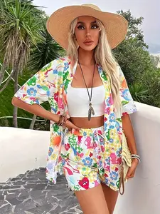 Floral Print Matching Two-piece Set, Vacation Bohemian Boho Style Short Sleeve Shirt & Tie Elastic Waist Shorts Outfits, Women's Clothing, Womenswear
