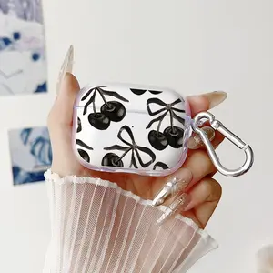 Black Cherry Pattern TPU Soft Protective Case for Apple AirPods 4/3/2/1/Pro/Pro2 Transparent Earphone Cover with Keychain Attachment