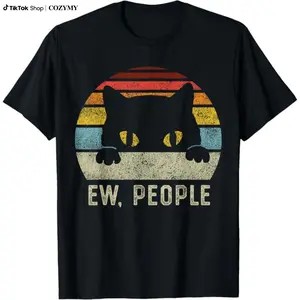 Ew People Retro Cat Funny Vintage Anti Social Introvert T-ShirtBlack Cotton T