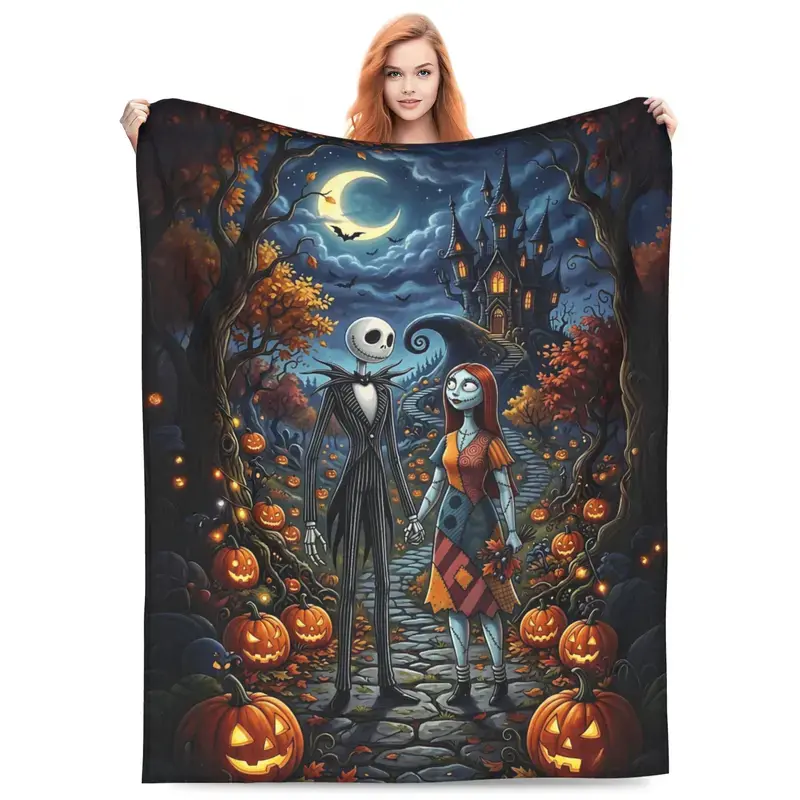 DISNEY CLASSIC Nightmare Before Christmas Jack & Sally Moonlit Castle Flannel Blanket - Cozy Throw with Gothic Mansion, Pumpkins, Bats, Crescent Moon, Flannel Softness - Whimsical Home Decor for Halloween
