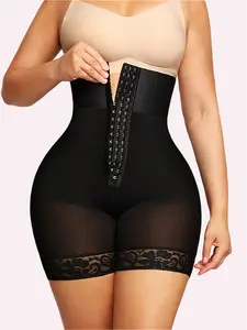 1 piece of high waisted black lace compression faja - women's elegant chic hip lifting shapewear, elastic shapewear, lace trim shapewear, abdominal compression, mesh fabric, medium support, no padding