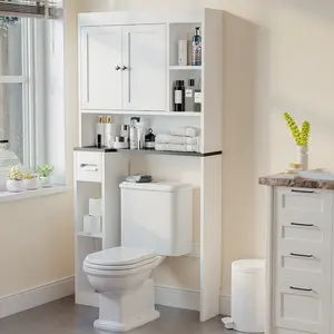 NIVISRE Wood Freestanding Unit Tall Narrow Over-The-Toilet Storage Cabinet, 7-Shelf Bathroom Organizer with Toilet Paper Storage, Space Saver for Restroom, Laundry Room