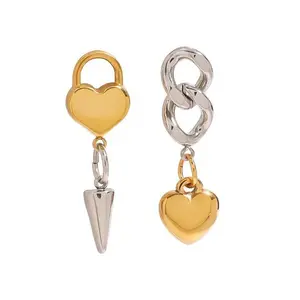 Lock & Chain Love Earrings Asymmetrical Heart & Chain Design Stainless Steel Non-Tarnishing Waterproof Hypoallergenic Daily Wear Statement Jewelry