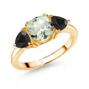 Gem Stone King 18K Yellow Gold Plated Silver Gemstone Birthstone and Black Onyx 3-Stone Engagement Ring for Women | 7MM Cushion and 5MM Trillion | Three Stone Promise Anniversary Wedding Ring | Sizes 5-9