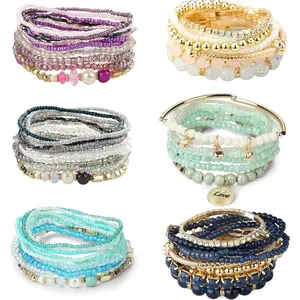 CASSIECA 6Sets Bohemian Stackable Bead Bracelets for Women Stretch Bohemian Style Stretch Multilayered Boho Bracelet Set