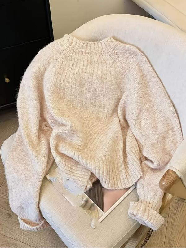 Elegant Women's Loose Bow Embroidered Moire Sweater, Casual Round Neck Long Sleeve Knitwear, Spring & Fall Fashion Elegant Women's Loose Bow Embroidered Moire Sweater, Casual Round Neck Long Sleeve Knitwear, Spring & Fall Fashion