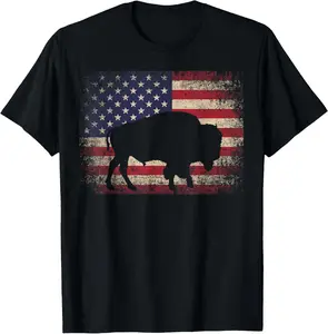 100% Cotton Buffalo Bison 4th of July Gift American Flag USA - America T-Shirt
