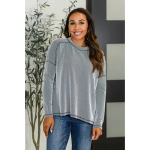 Wander & Rest Cable Ribbed Knit Drop Shoulder Top in Black/White