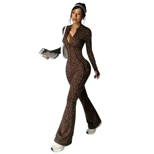 SYHAN 2026 Latest Women's AE11890783 510g Seamless Leopard Print Long Jumpsuit Soft Comfortable Zippered Yoga Flared Jumpsuit for Women's Yoga Outdoor Leisure - Knit, Womenswear