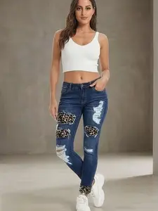MHZ washed blue leopard print patchwork skinny jeans with multiple holes, buttons, built-in zipper closure, high waist, slim fit, casual and durable, street style, suitable for all seasons, women's plus size jeans Bottom Womenswear Streetwear Pants Trouse