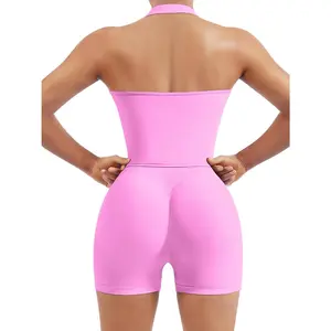 Womens Seamless 2 Piece Workout Sets Padded Halter Tank Top Gym Sets Tummy Control Biker Shorts for Athletic