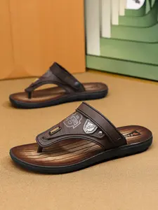 Men's Brown Faux Leather Checkered Embossed Letter Print Versatile Casual Flip-Flops Sandal, Thong Design Easy On & Off, Shock-Absorbing Foot-Friendly For Long Wearing, Easy to Clean & Store, Great for Office Commute, Home Leisure, Shopping, Footwear
