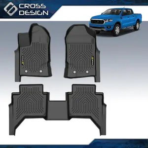 CROSSDESIGN 3D Molded TPE Floor Mats Liners Fit For 19-24 Ford Ranger Crew Cab All Weather