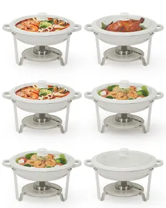 Maifanite-Coated Chafing Dishes for Buffets, 6 Pack 5.3QT White Round Chafing Dish Set with Transparent Lids, Stainless Steel Commercial Food Warmer for Parties, Weddings, Restaurants & Catering
