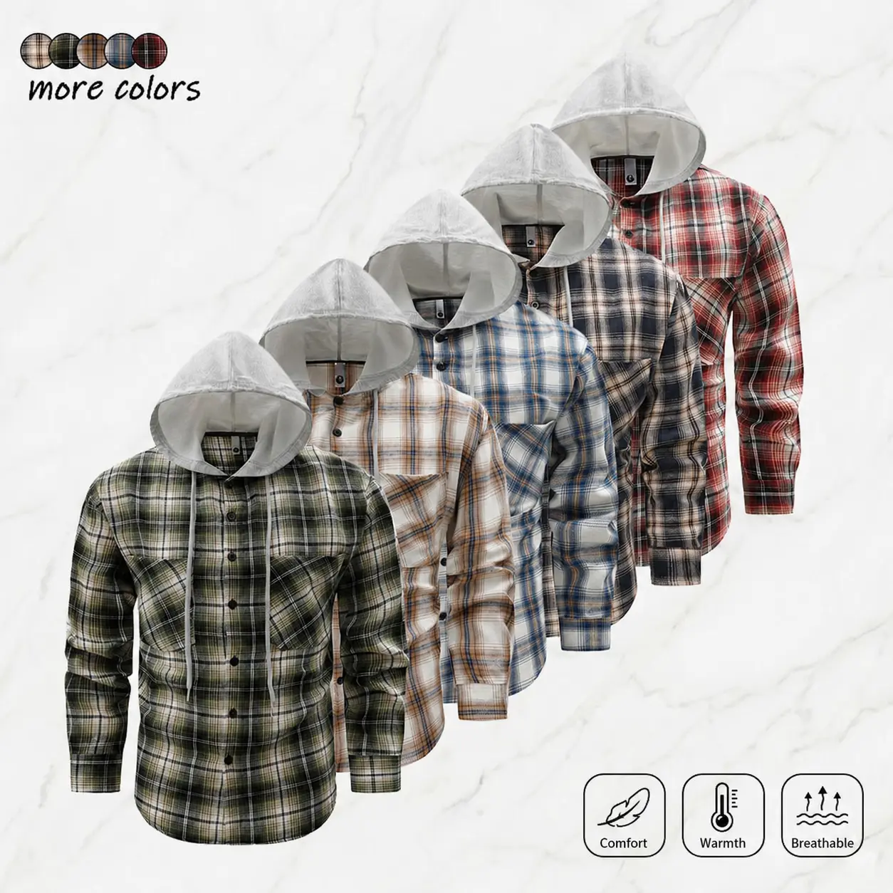 Men's single pack loose plaid hooded shirt. Men’s long-sleeve casual streetwear top available in multiple colors. Hooded plaid jacket. Drawstring design. Suitable for everyday casual wear. Sports. Commuting