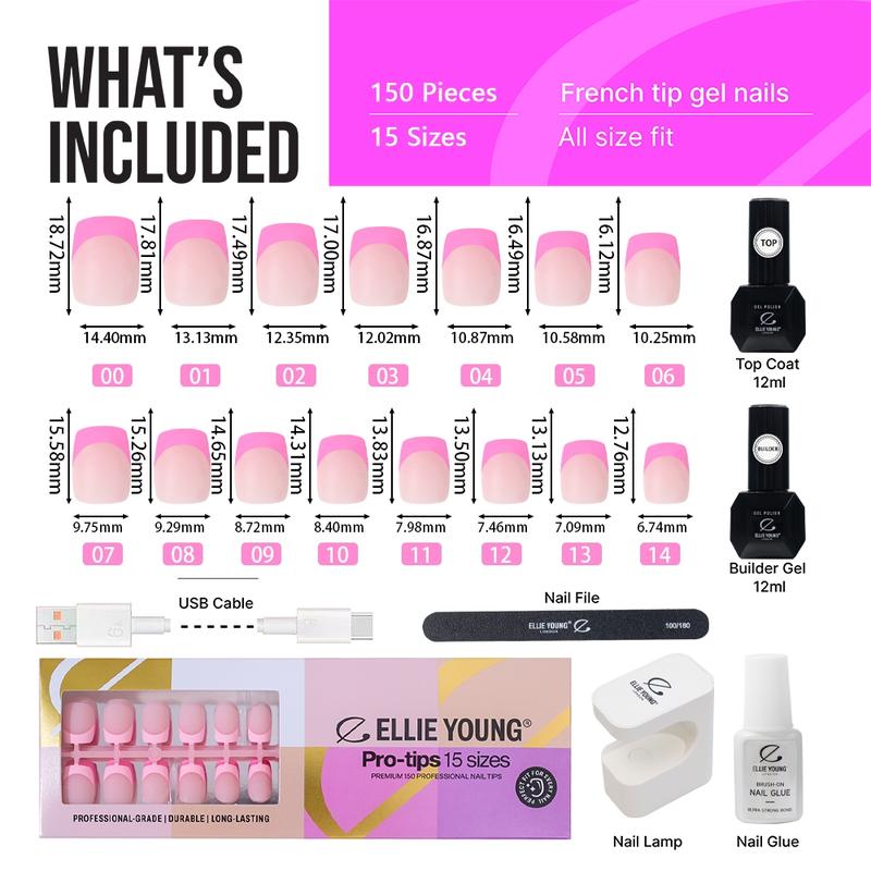 [ Pink Pastel Tip ] PRO-TIPS 150pcs Pink Pastel Short Square French Nail Tip, 15 Sizes Press-On Nails, Gel Acrylic Nail Extensions for Easy DIY, Ellie Young, Nail Art Kits