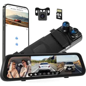 3 Channel 1080P Rear View Mirror Camera with WiFi, 9.66" Touch Screen Triple Mirror Dash Cam Front and Rear Inside with 64GB Card, G-Sensor, Night Vision, Reverse Assist, Backup Camera for Car