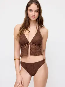 Lace Floral Halter Neck Beaded Detail Bikini Set Curve & Plus