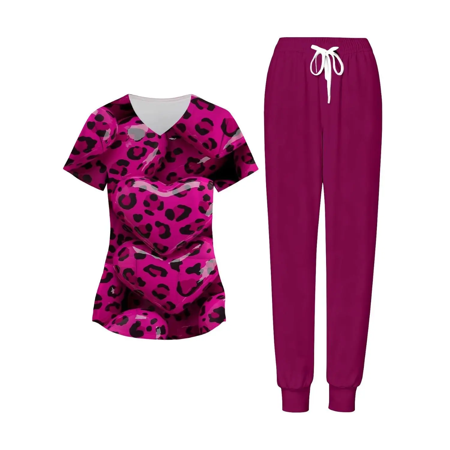 Women's Plus Size 2-Piece Pink Leopard Print Scrub Set – Ideal for Work, Casual, Exercise, and Holiday Gifts
